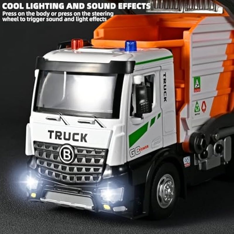 Front Loader Arm Toy Garbage Truck with Auto Lift Function,Diecast Garbage Truck Metal Cab,Friction Powered Garbage Truck Toy with Lights and Sounds,Garbage Trucks for Boys Age 4-7（Orange） - Image 4